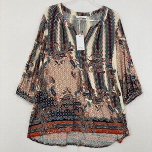 New Rose & Olive size 1X Multi Color Boho Print Stretch Button Popover Blouse